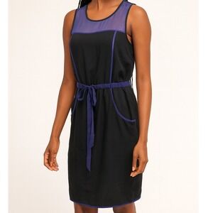 The Limited Blue Black Sleeveless Dress Large Sheer Top‎ Tie Belt Office Work